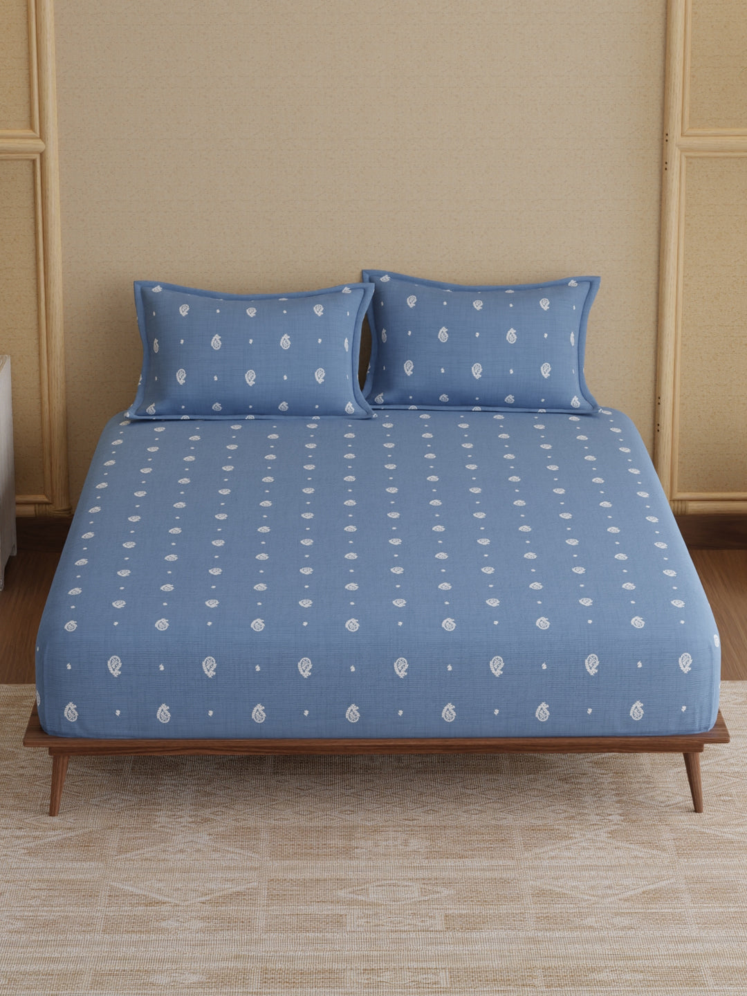 King Bedsheet Set, 100% Kasturi Cotton 200 TC, Blue Paisley Print, Indo Musk