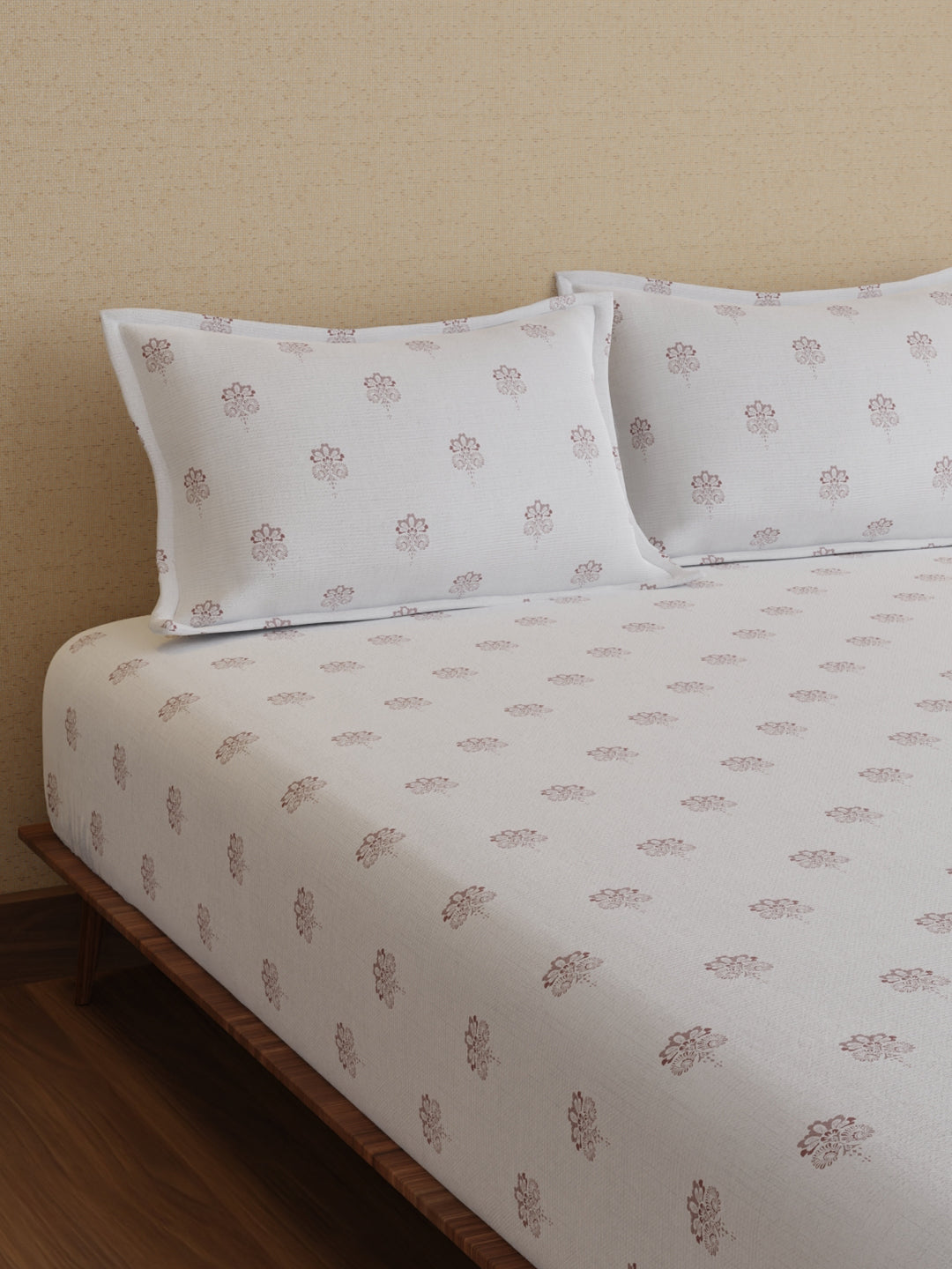 King Bedsheet Set, 100% Kasturi Cotton 200 TC, White Printed, Indo Musk
