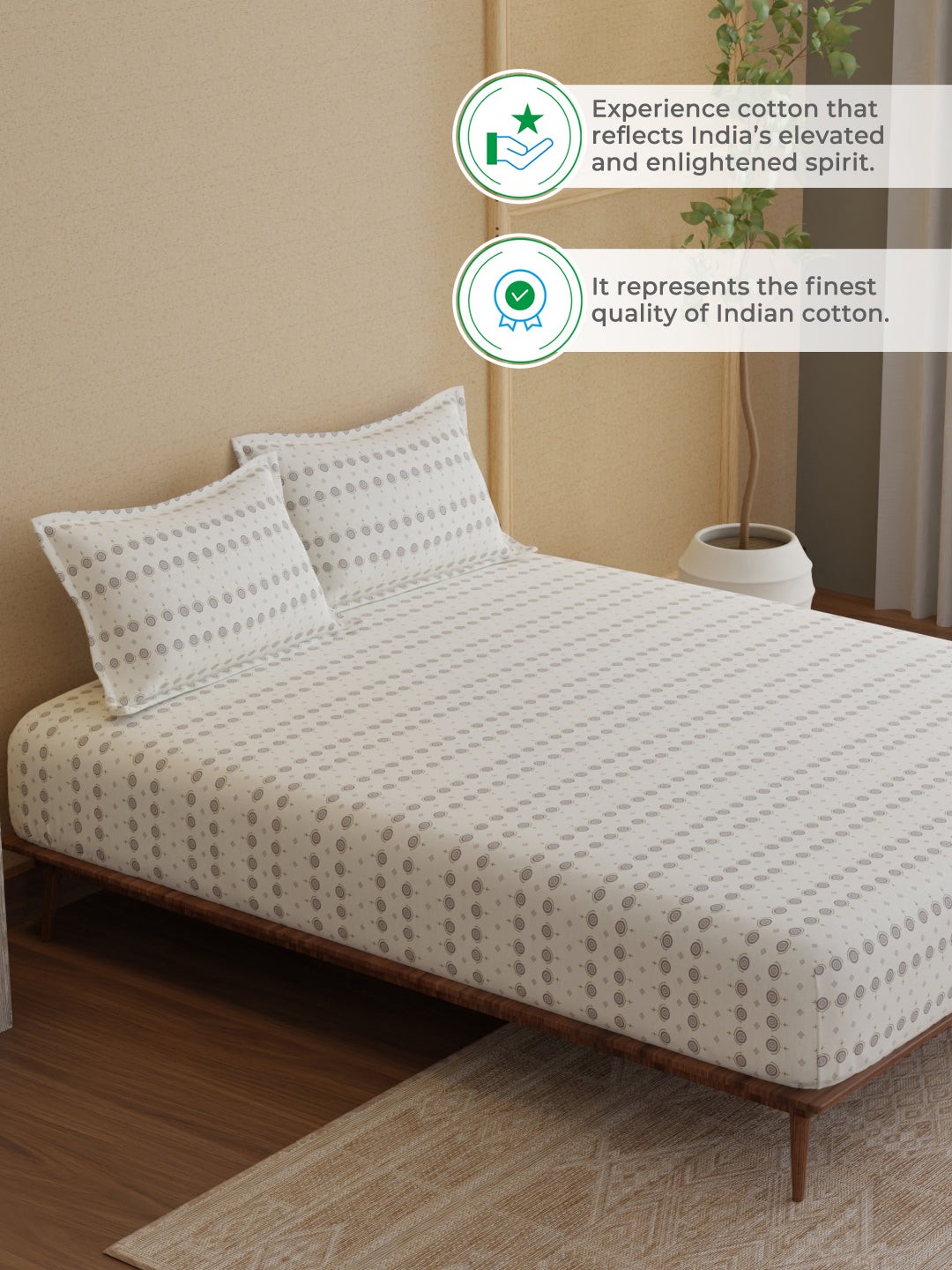 King Fitted Sheet Set, 100% Kasturi Cotton 200 TC, White Printed (78 L x 72 W + 13 H inches), Indo Musk