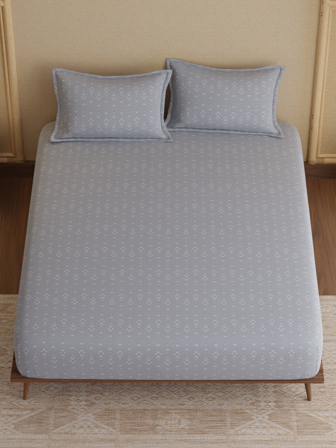 King Fitted Sheet Set, 100% Kasturi Cotton 200 TC, Grey Printed (78 L x 72 W + 13 H inches), Indo Musk