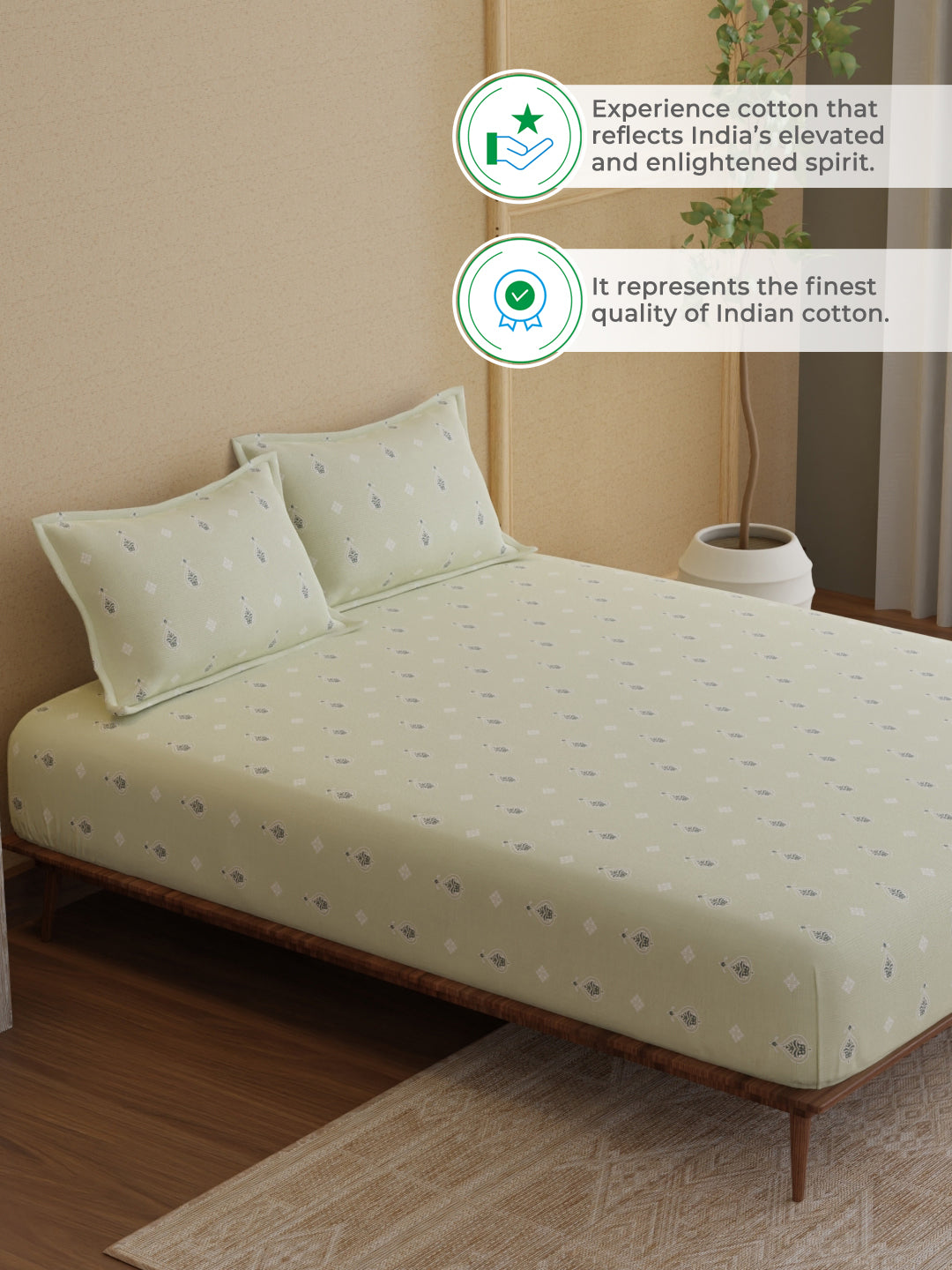 King Fitted Sheet Set, 100% Kasturi Cotton 200 TC, Grey Printed (78 L x 72 W + 13 H inches), Indo Musk