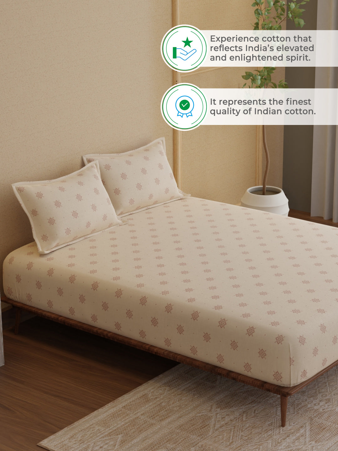 King Fitted Sheet Set, 100% Kasturi Cotton 200 TC, Cream Printed (78 L x 72 W + 13 H inches), Indo Musk