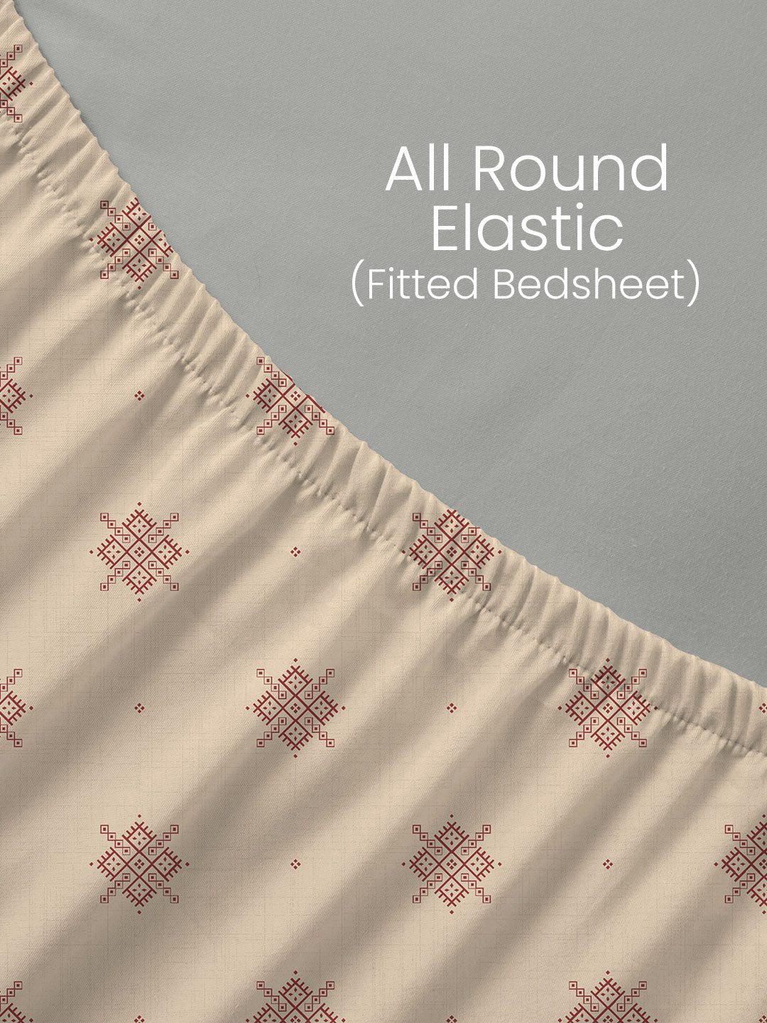 King Fitted Sheet Set, 100% Kasturi Cotton 200 TC, Cream Printed (78 L x 72 W + 13 H inches), Indo Musk