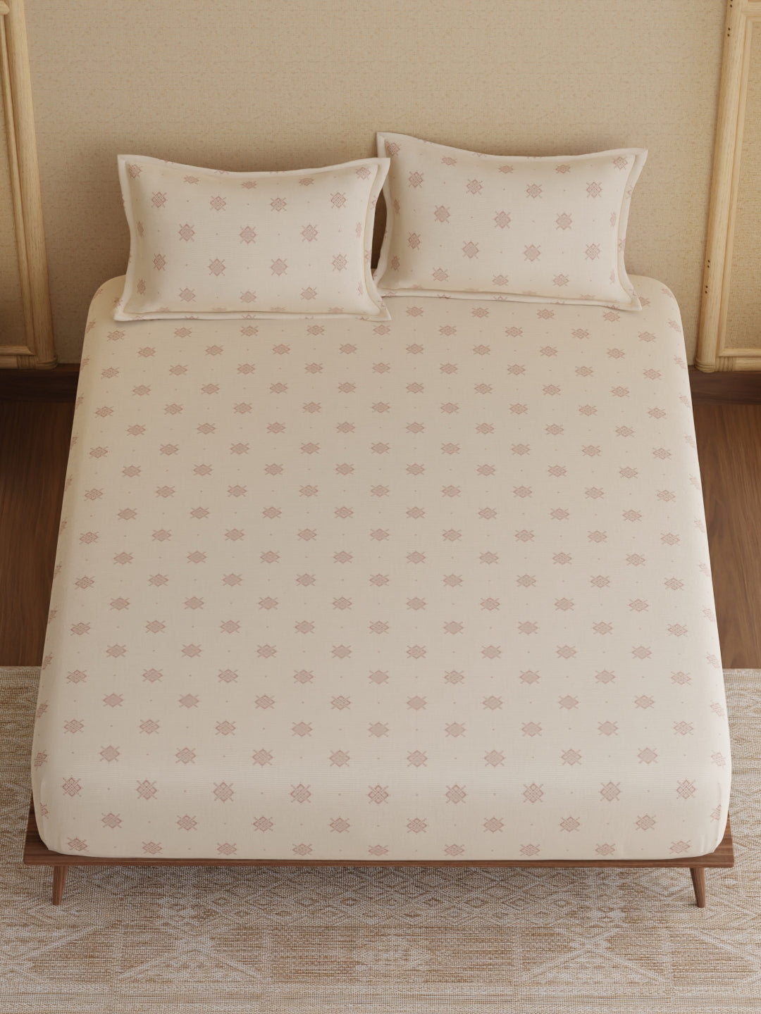 King Fitted Sheet Set, 100% Kasturi Cotton 200 TC, Cream Printed (78 L x 72 W + 13 H inches), Indo Musk