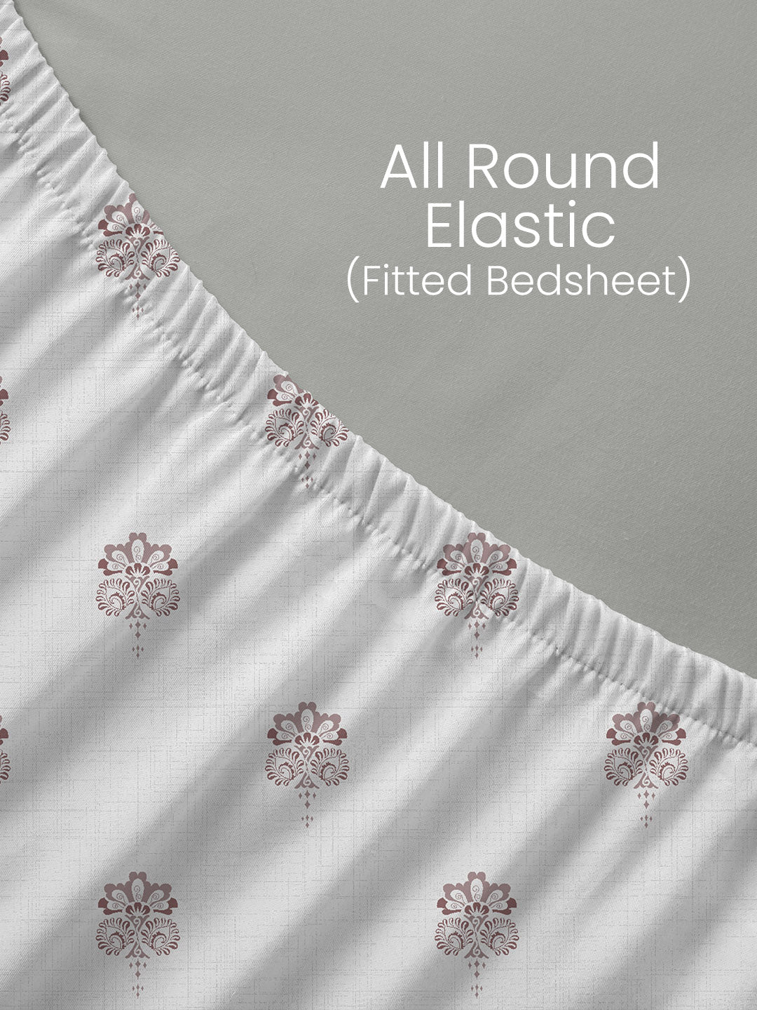 King Fitted Sheet Set, 100% Kasturi Cotton 200 TC, White Printed (78 L x 72 W + 13 H inches), Indo Musk