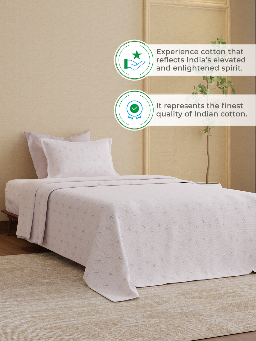 100% Kasturi Cotton 200 TC, Purple Paisley Print Single Size Bedsheet with 1 Pillow Cover, Indo Musk Collection