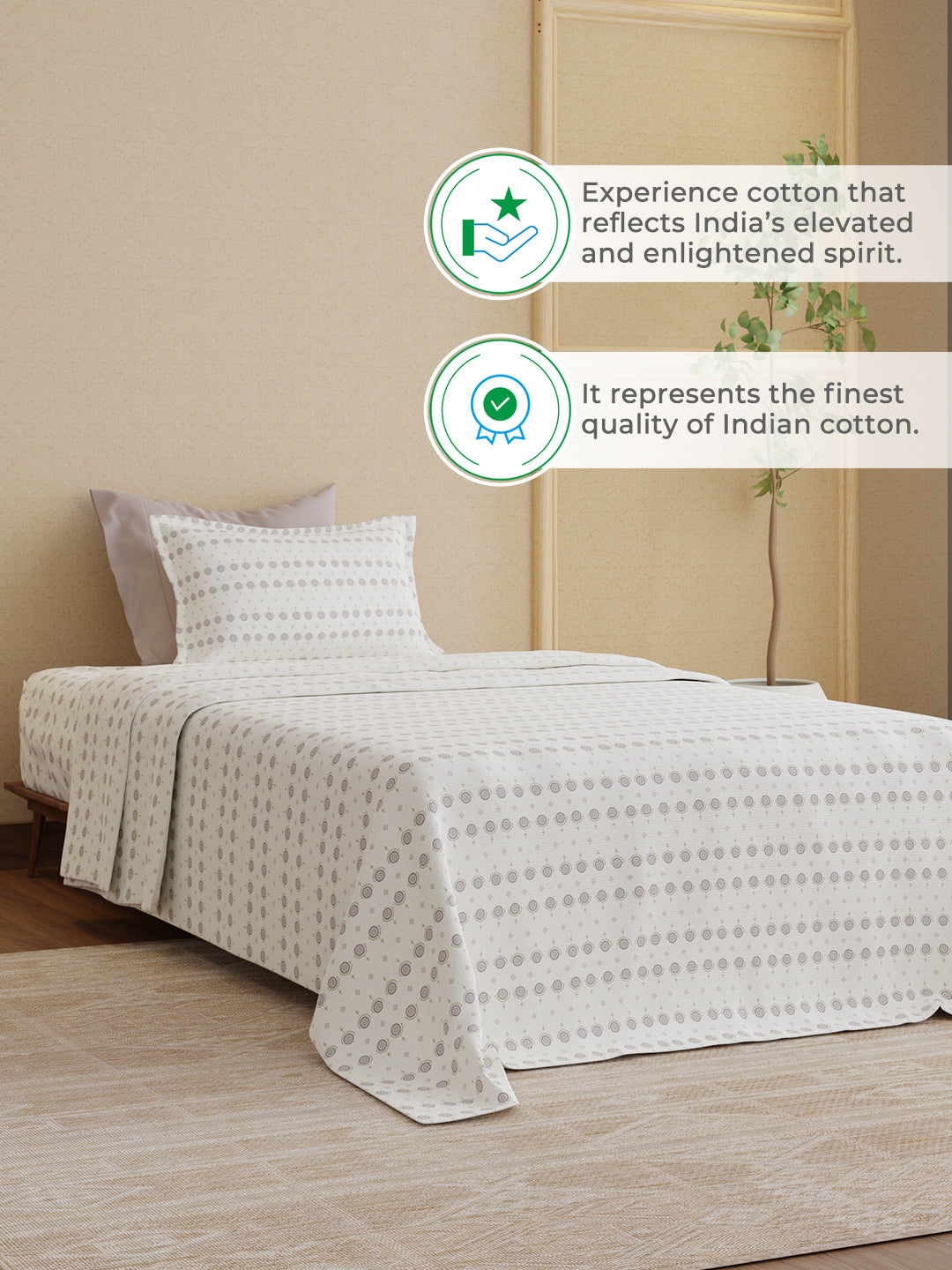 100% Kasturi Cotton 200 TC, White Printed Single Size Bedsheet with 1 Pillow Cover, Indo Musk Collection