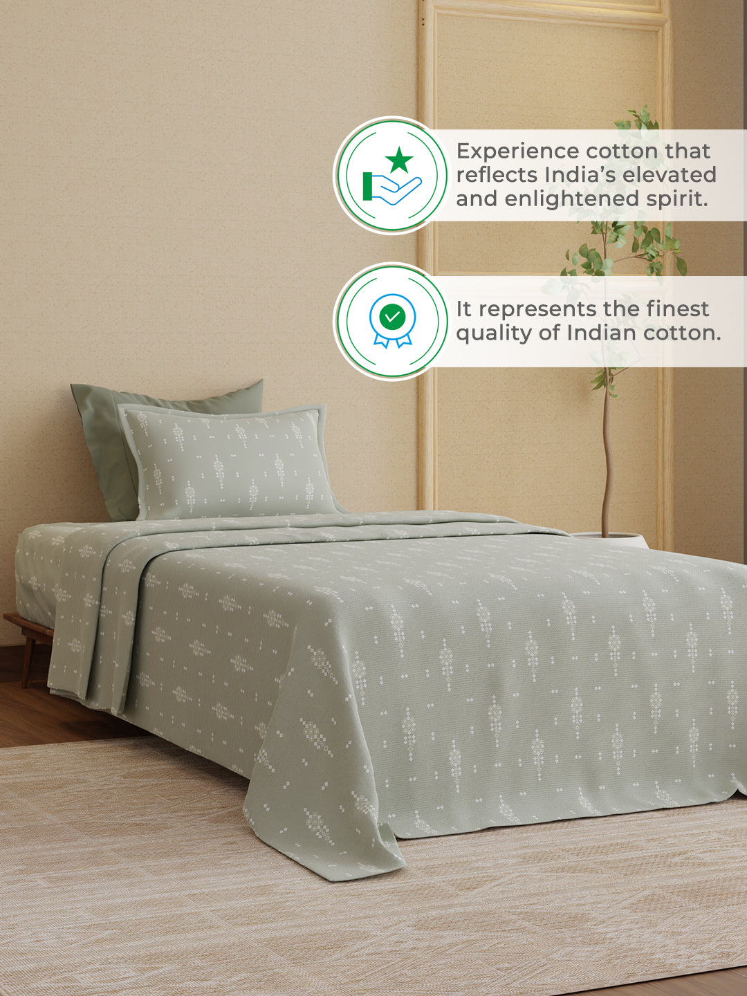 100% Kasturi Cotton 200 TC, Grey Printed Single Size Bedsheet with 1 Pillow Cover, Indo Musk Collection