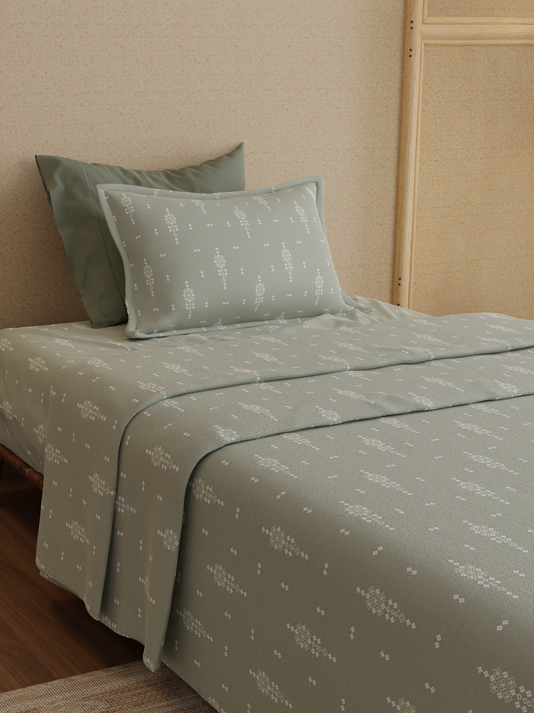 100% Kasturi Cotton 200 TC, Grey Printed Single Size Bedsheet with 1 Pillow Cover, Indo Musk Collection