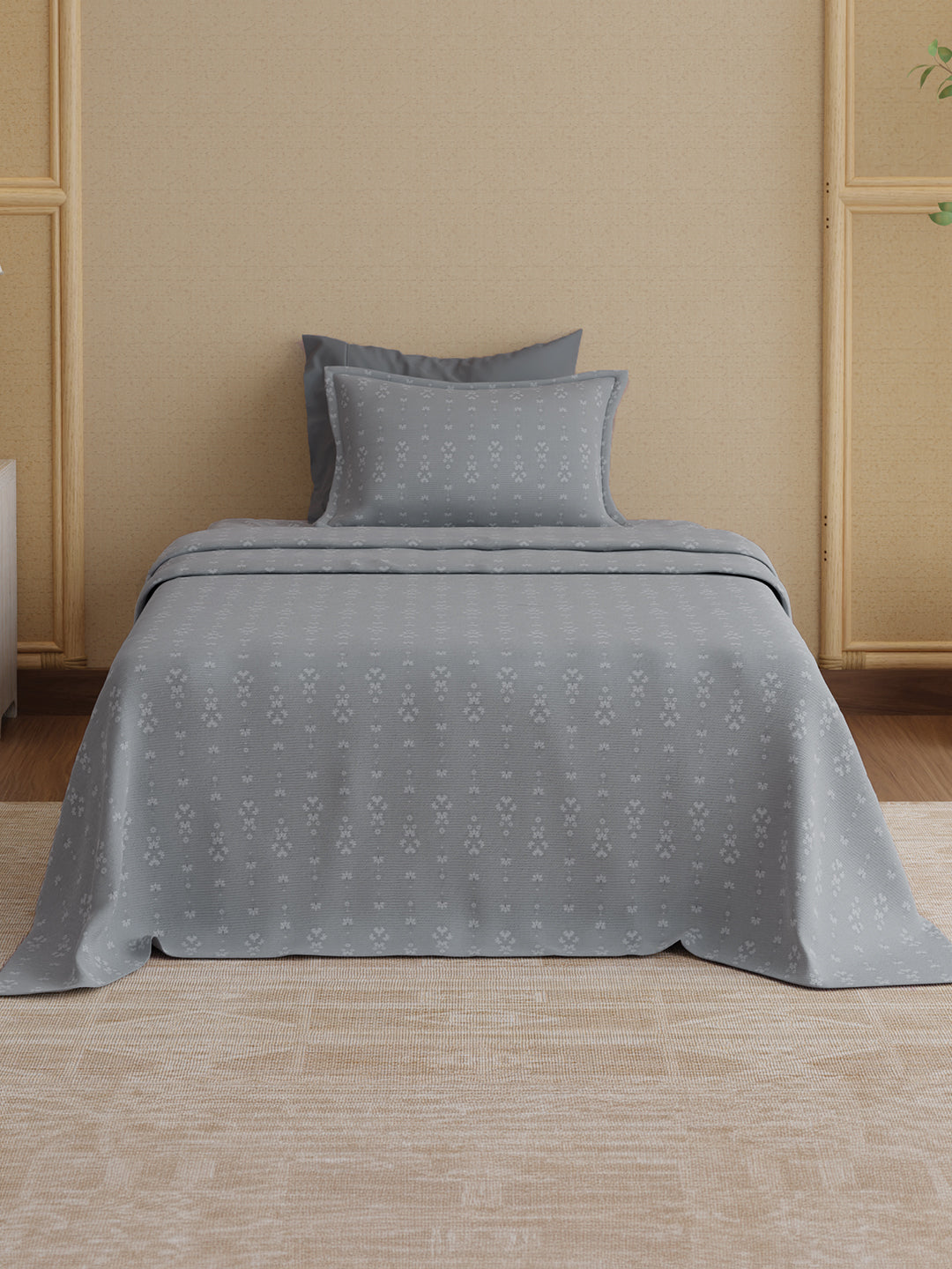 100% Kasturi Cotton 200 TC, Grey Printed Single Size Bedsheet with 1 Pillow Cover, Indo Musk Collection
