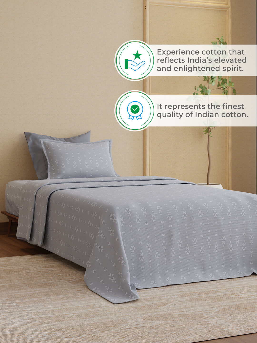 100% Kasturi Cotton 200 TC, Grey Printed Single Size Bedsheet with 1 Pillow Cover, Indo Musk Collection