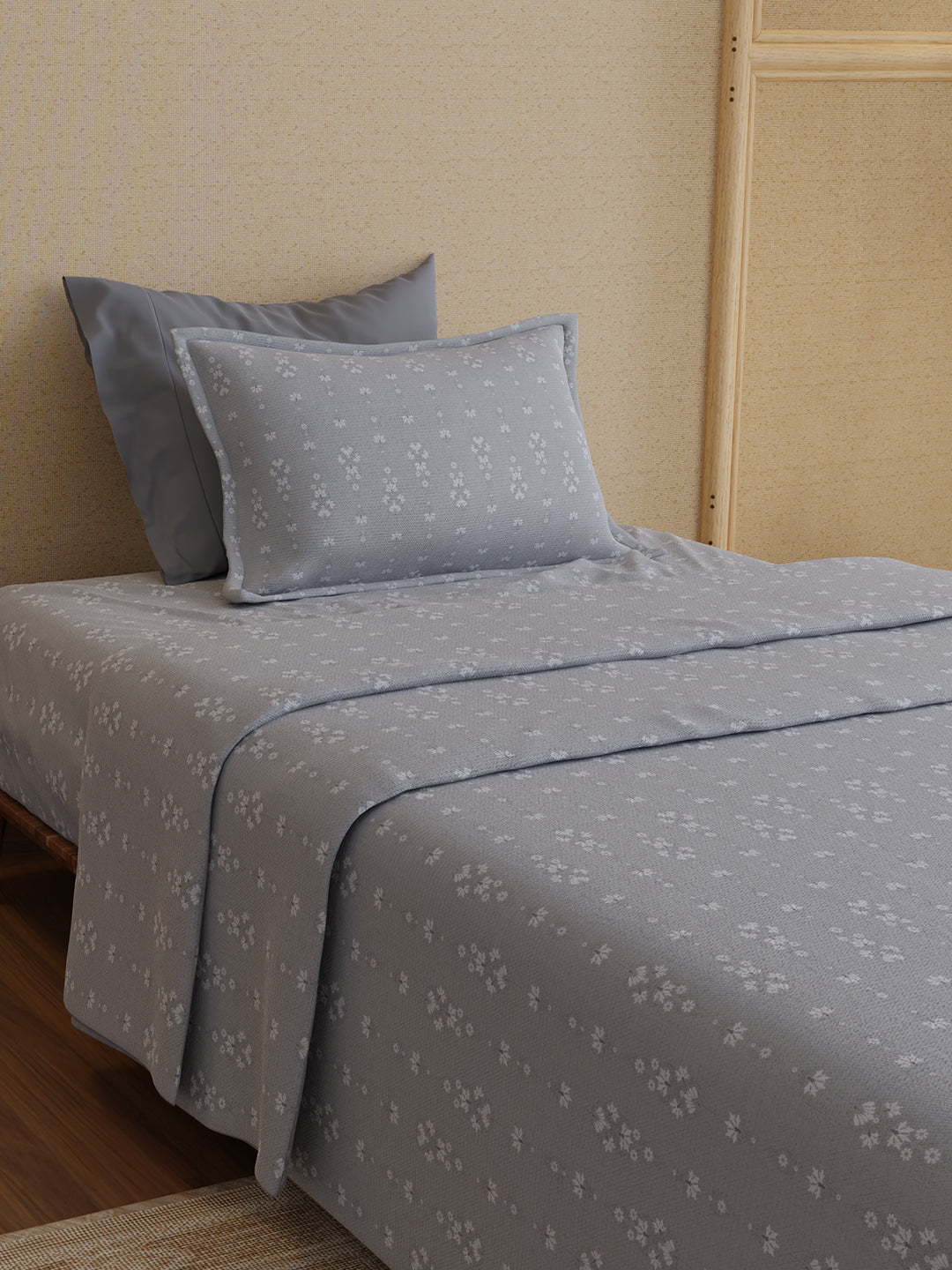 100% Kasturi Cotton 200 TC, Grey Printed Single Size Bedsheet with 1 Pillow Cover, Indo Musk Collection