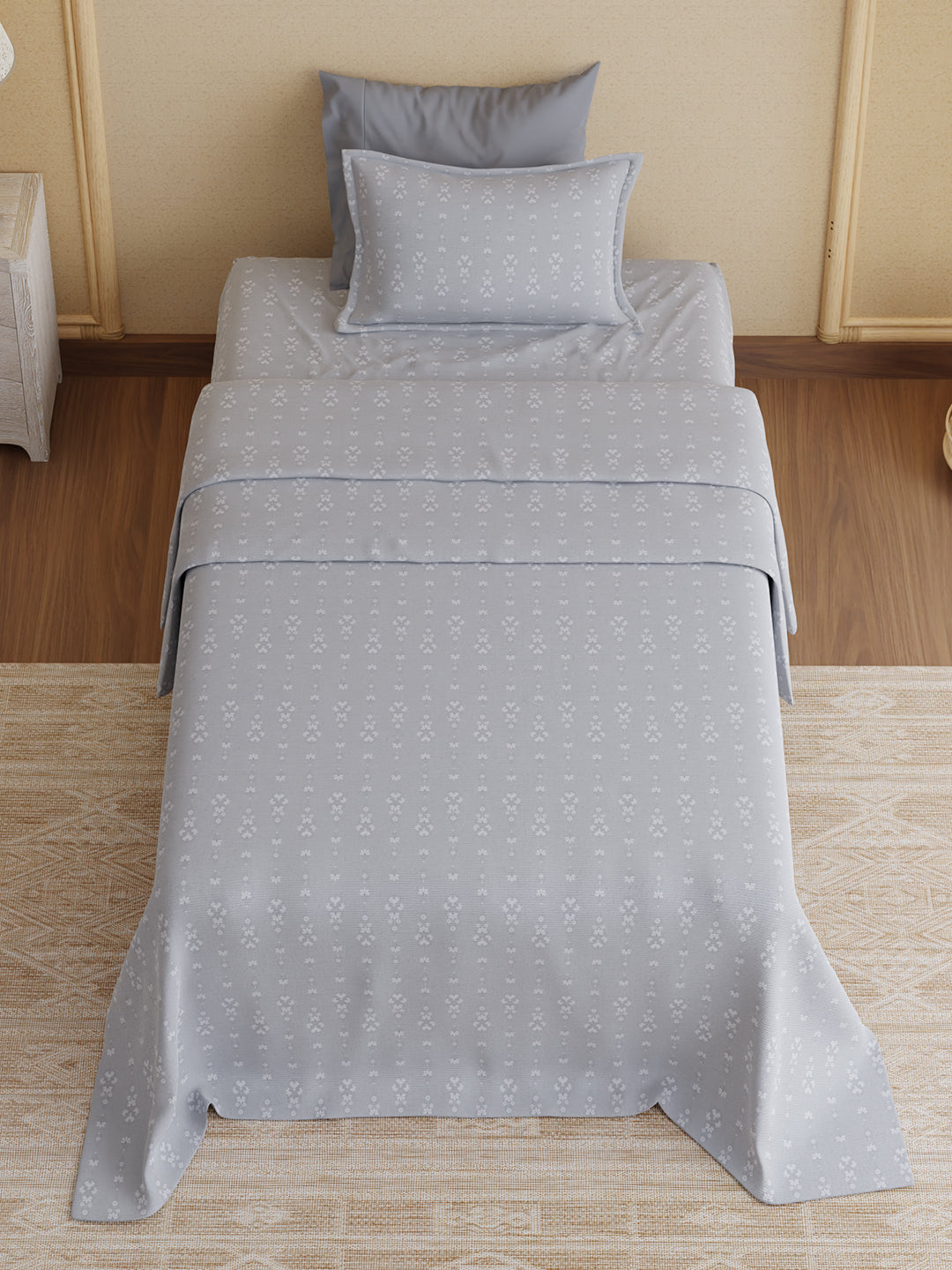 100% Kasturi Cotton 200 TC, Grey Printed Single Size Bedsheet with 1 Pillow Cover, Indo Musk Collection