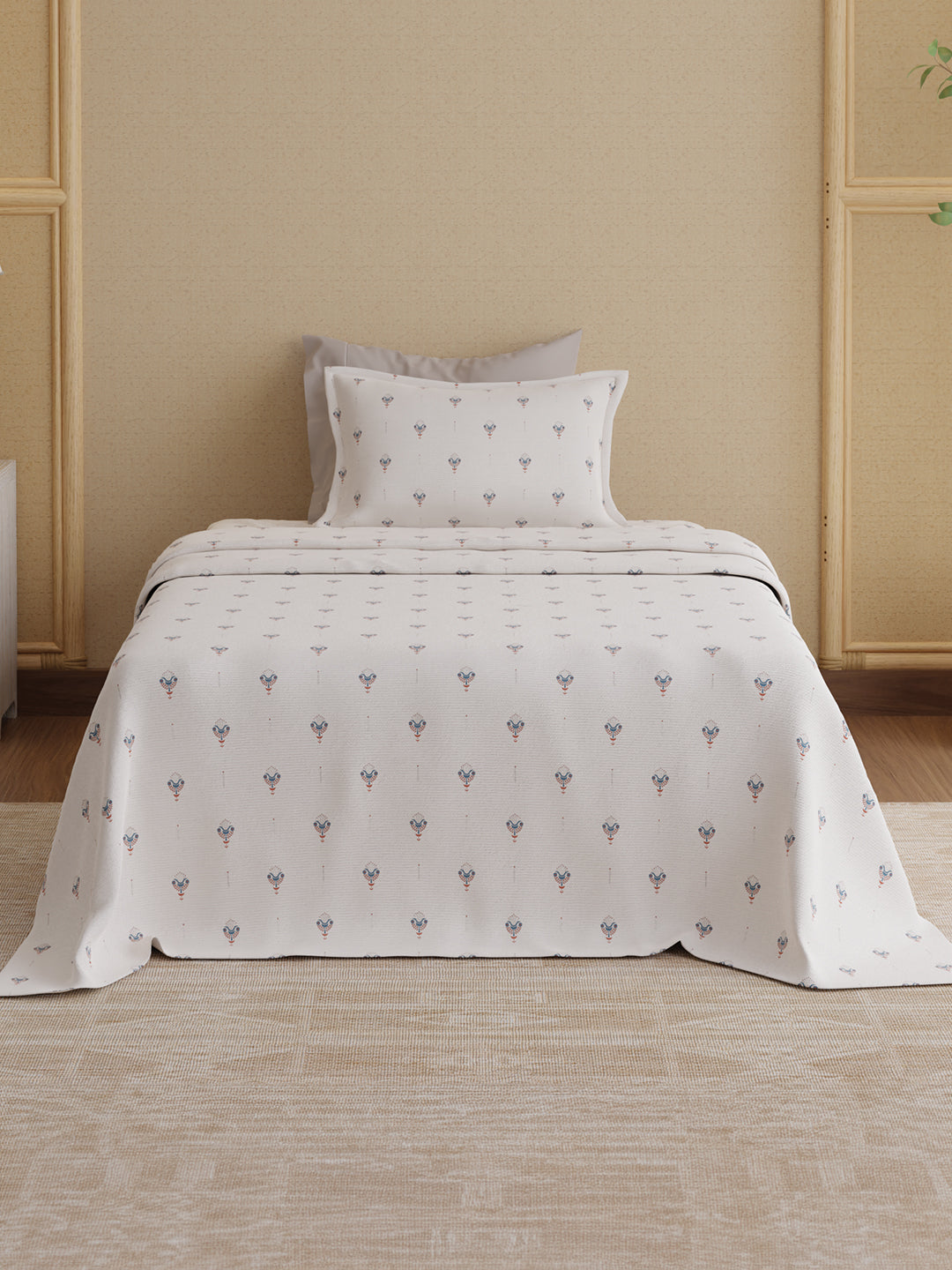 100% Kasturi Cotton 200 TC, White Printed Single Size Bedsheet with 1 Pillow Cover, Indo Musk Collection