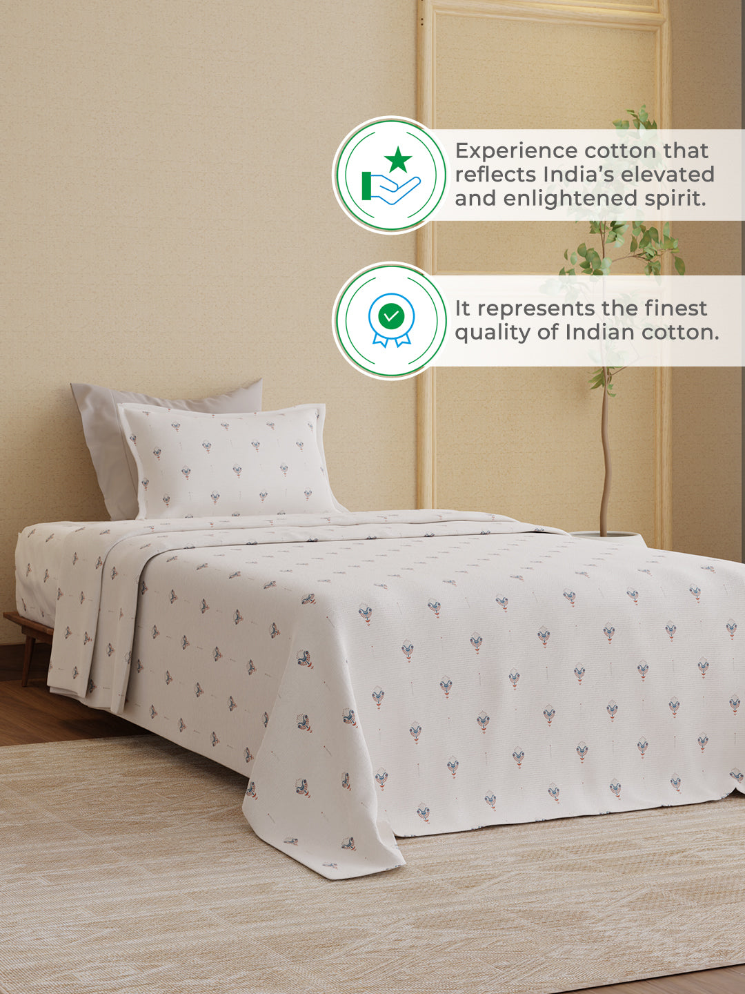 100% Kasturi Cotton 200 TC, White Printed Single Size Bedsheet with 1 Pillow Cover, Indo Musk Collection