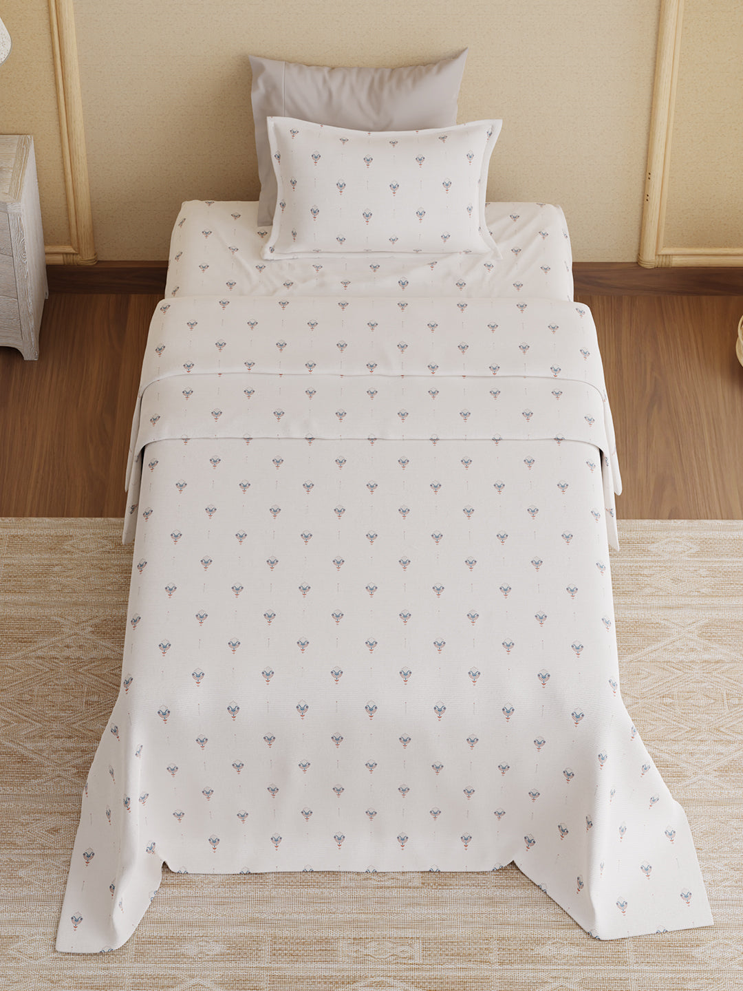 100% Kasturi Cotton 200 TC, White Printed Single Size Bedsheet with 1 Pillow Cover, Indo Musk Collection