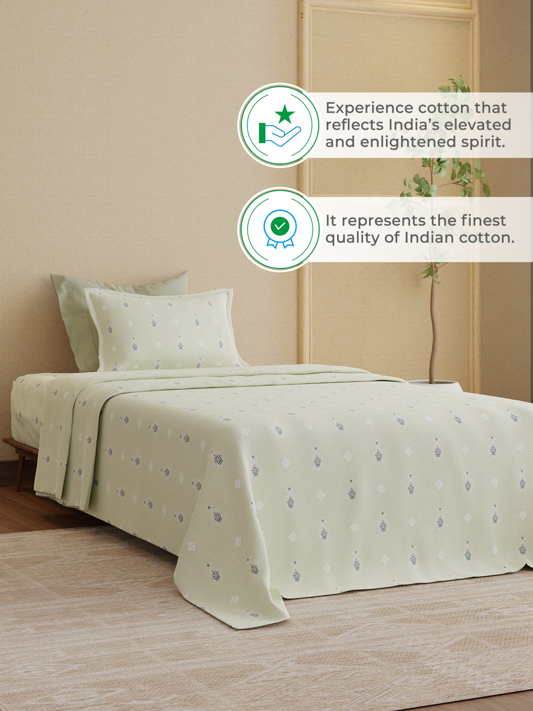 100% Kasturi Cotton 200 TC, Grey Printed Single Size Bedsheet with 1 Pillow Cover, Indo Musk Collection