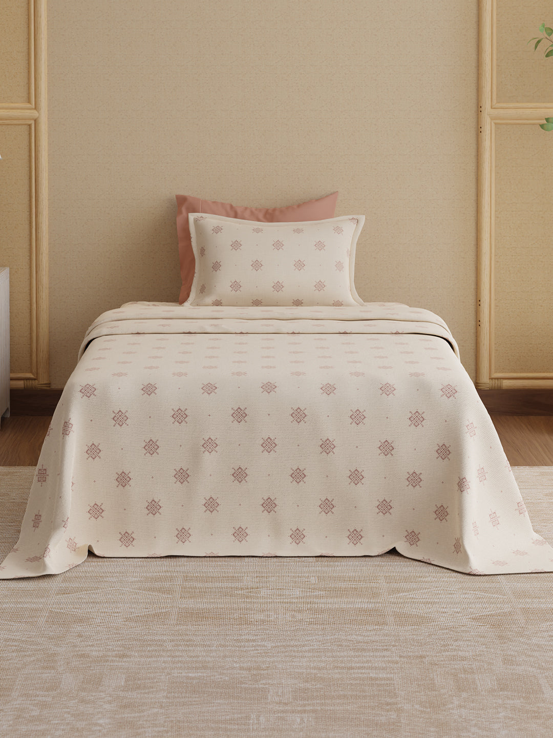 100% Kasturi Cotton 200 TC, Cream Printed Single Size Bedsheet with 1 Pillow Cover, Indo Musk Collection