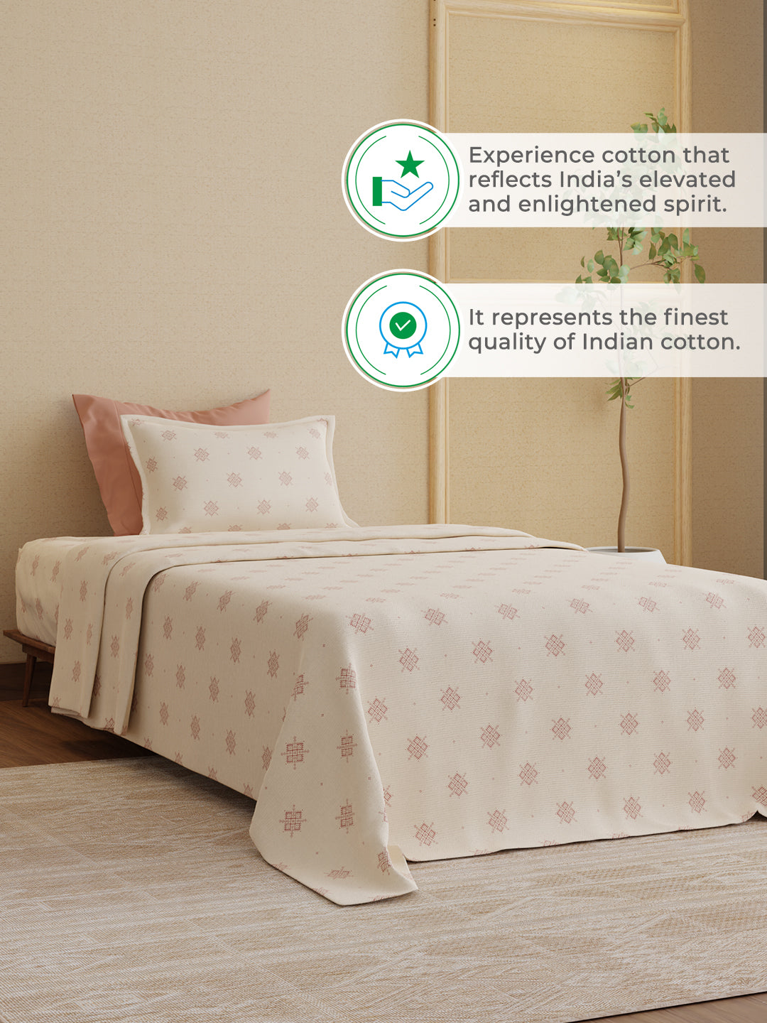 100% Kasturi Cotton 200 TC, Cream Printed Single Size Bedsheet with 1 Pillow Cover, Indo Musk Collection