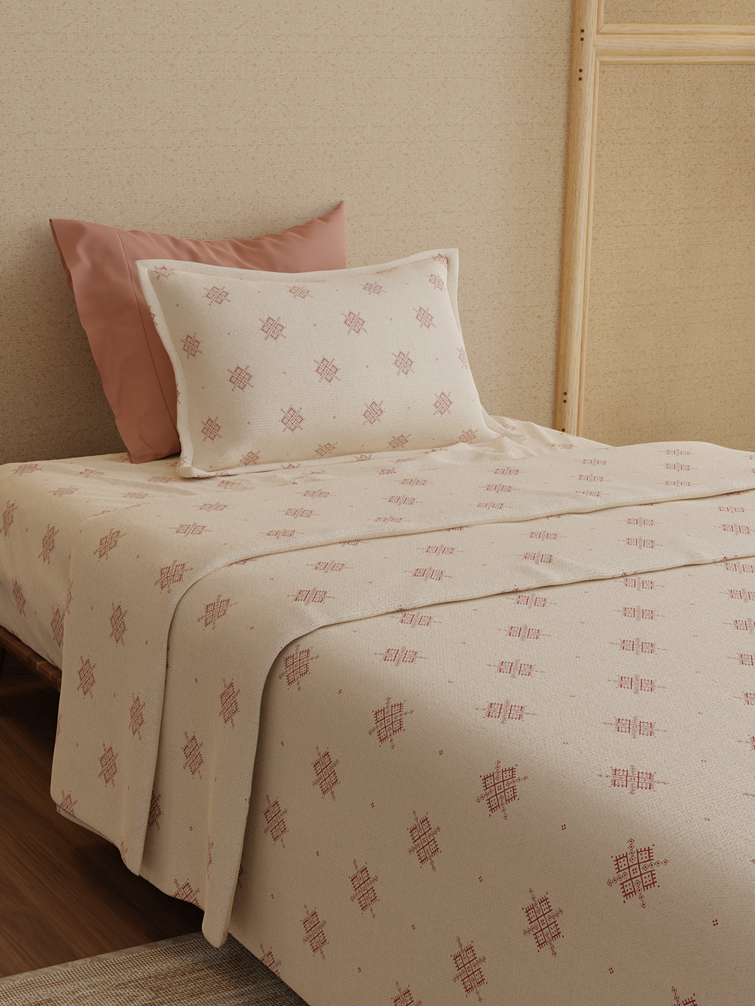 100% Kasturi Cotton 200 TC, Cream Printed Single Size Bedsheet with 1 Pillow Cover, Indo Musk Collection