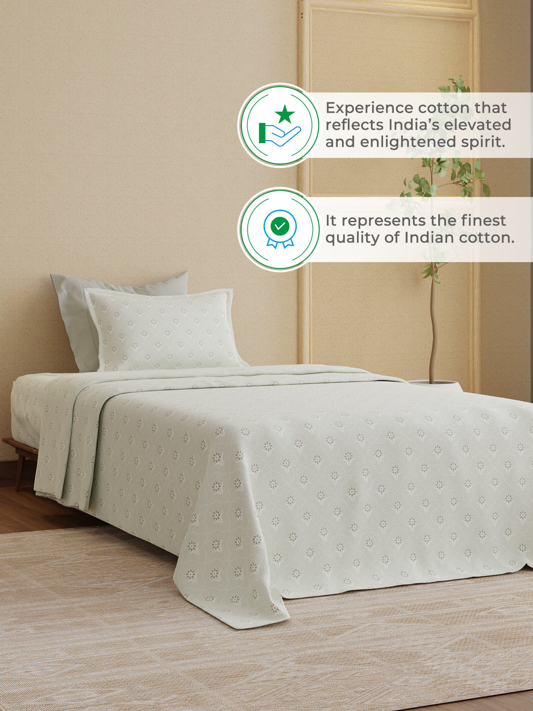 100% Kasturi Cotton 200 TC, Grey Printed Single Size Bedsheet with 1 Pillow Cover, Indo Musk Collection