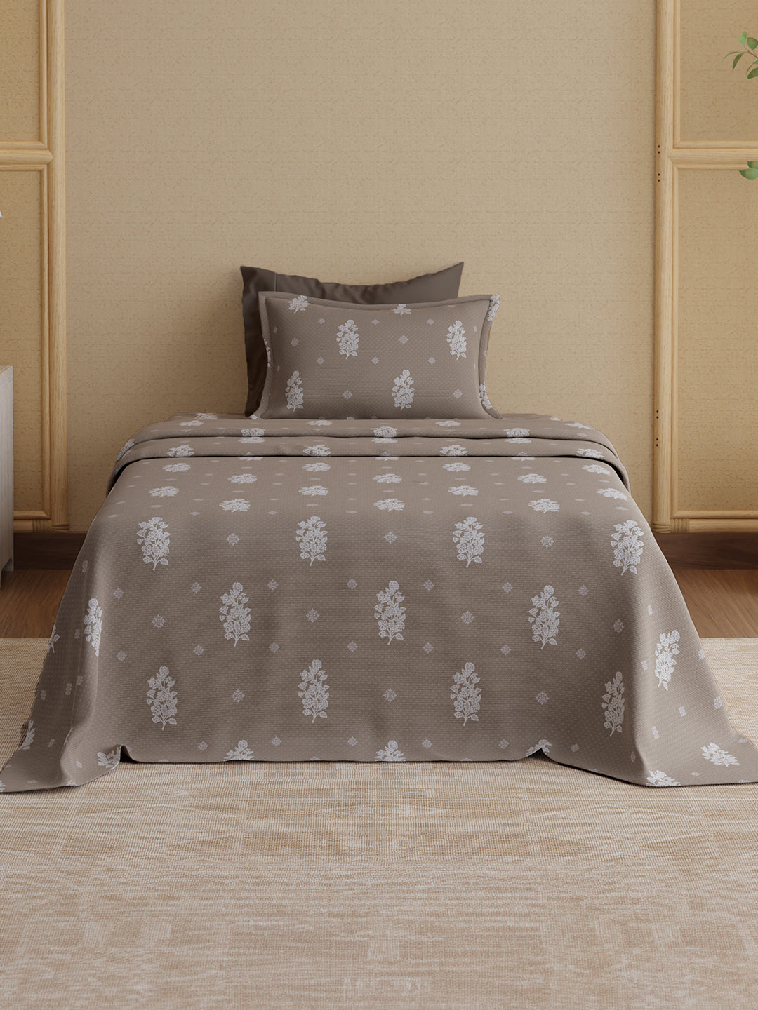 100% Kasturi Cotton 200 TC, Grey Printed Single Size Bedsheet with 1 Pillow Cover, Indo Musk Collection