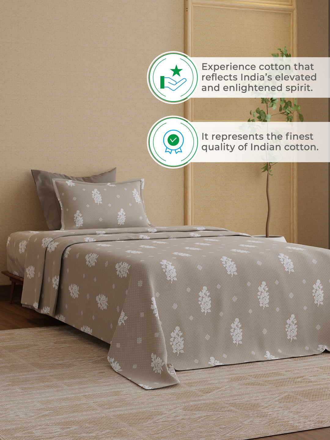 100% Kasturi Cotton 200 TC, Grey Printed Single Size Bedsheet with 1 Pillow Cover, Indo Musk Collection