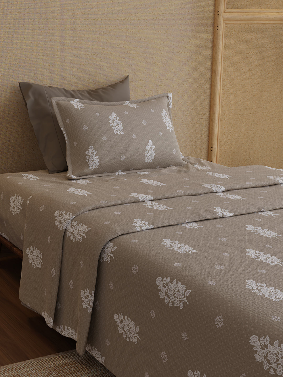100% Kasturi Cotton 200 TC, Grey Printed Single Size Bedsheet with 1 Pillow Cover, Indo Musk Collection