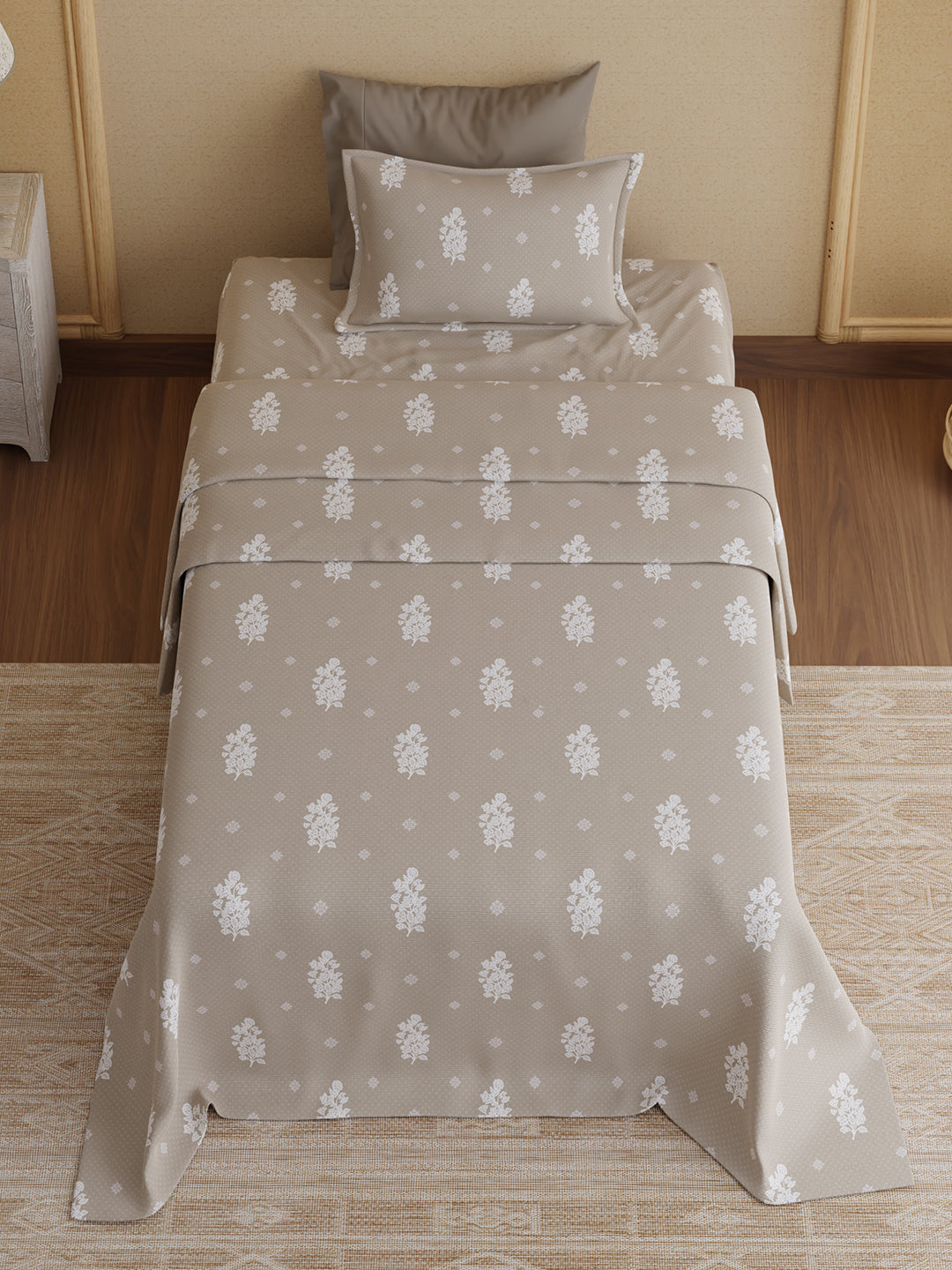 100% Kasturi Cotton 200 TC, Grey Printed Single Size Bedsheet with 1 Pillow Cover, Indo Musk Collection