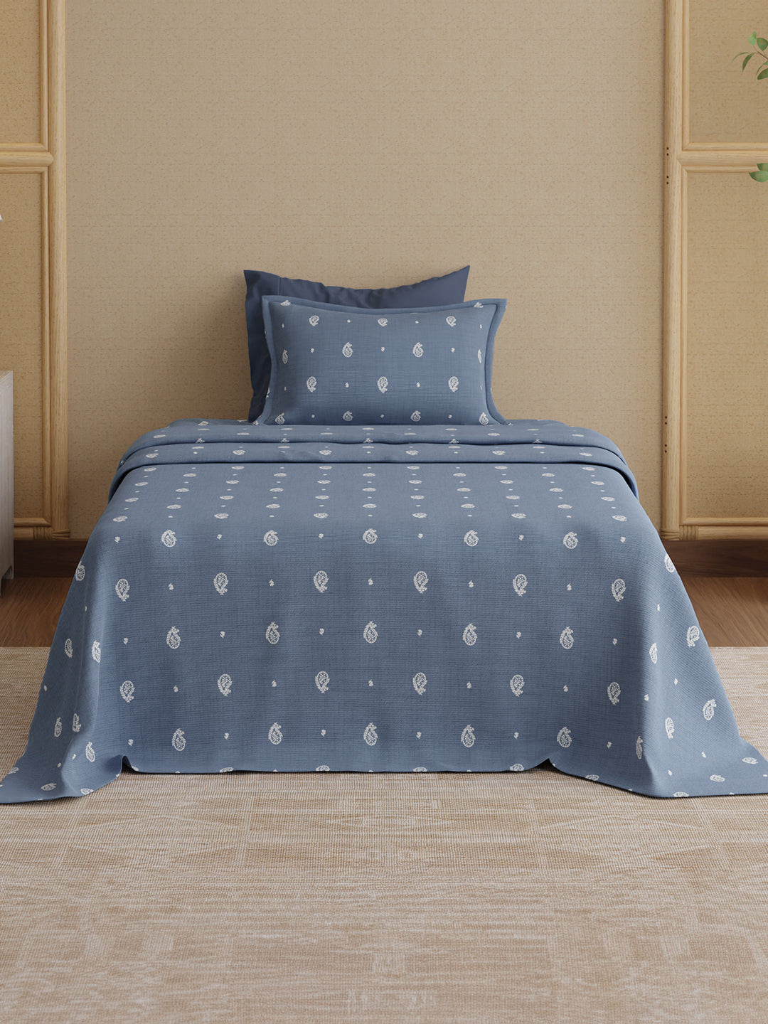 100% Kasturi Cotton 200 TC, Blue Paisley Print Single Size Bedsheet with 1 Pillow Cover, Indo Musk Collection