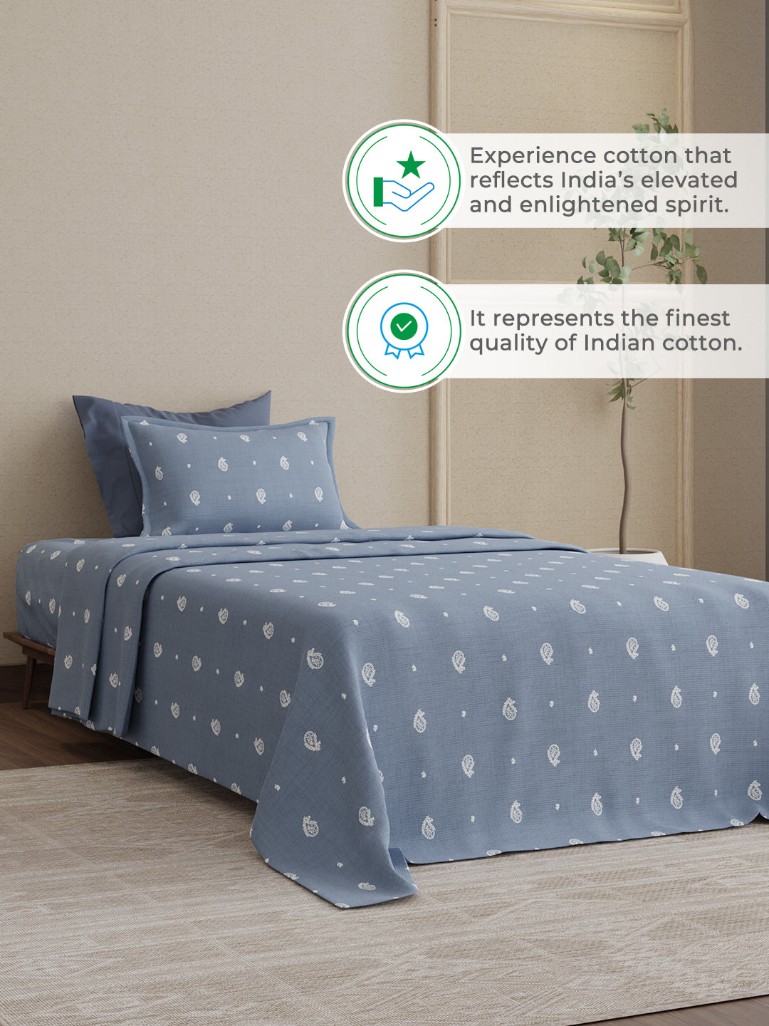 100% Kasturi Cotton 200 TC, Blue Paisley Print Single Size Bedsheet with 1 Pillow Cover, Indo Musk Collection