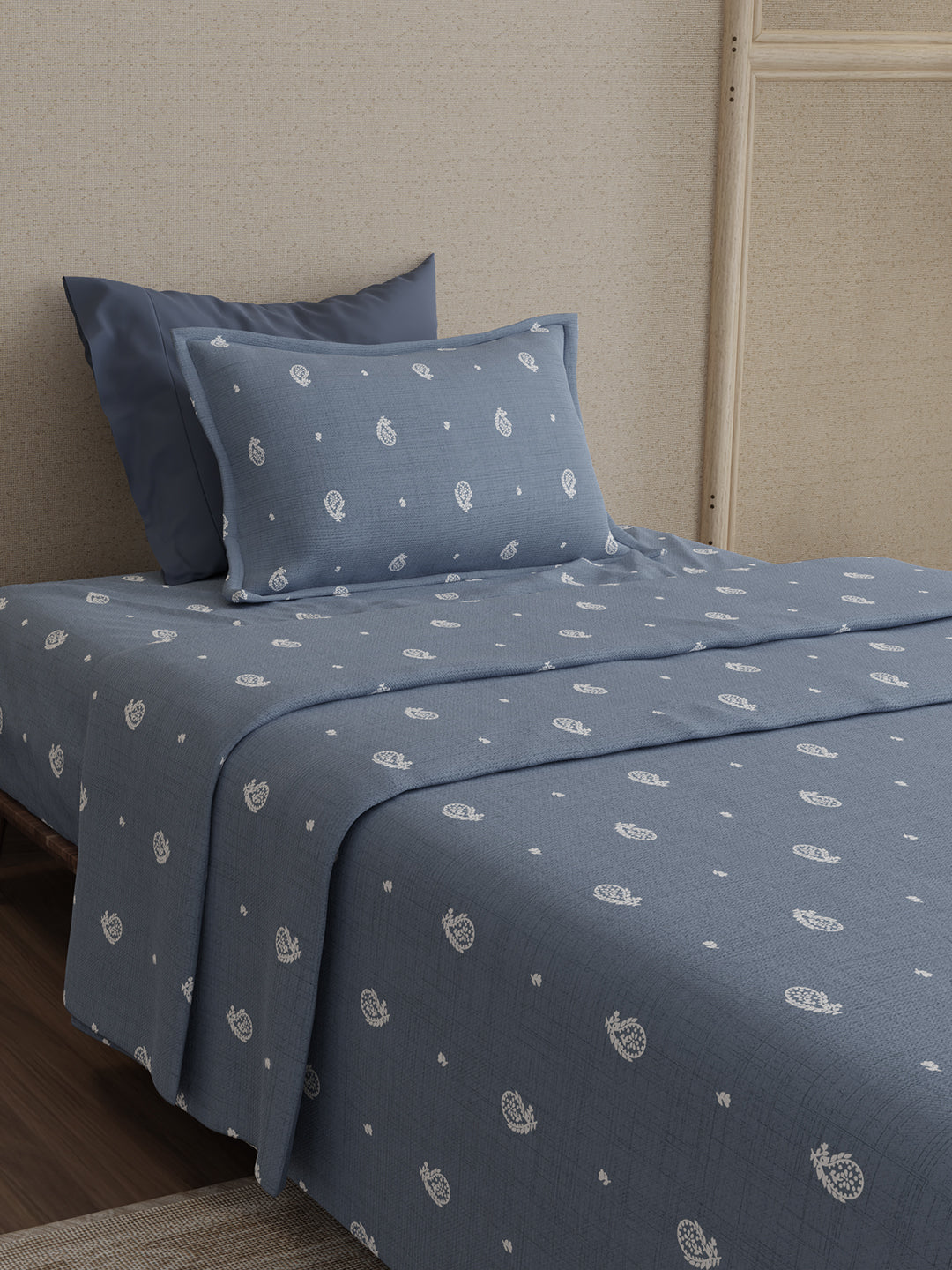 100% Kasturi Cotton 200 TC, Blue Paisley Print Single Size Bedsheet with 1 Pillow Cover, Indo Musk Collection