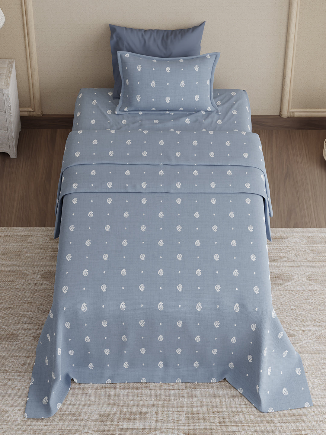 100% Kasturi Cotton 200 TC, Blue Paisley Print Single Size Bedsheet with 1 Pillow Cover, Indo Musk Collection