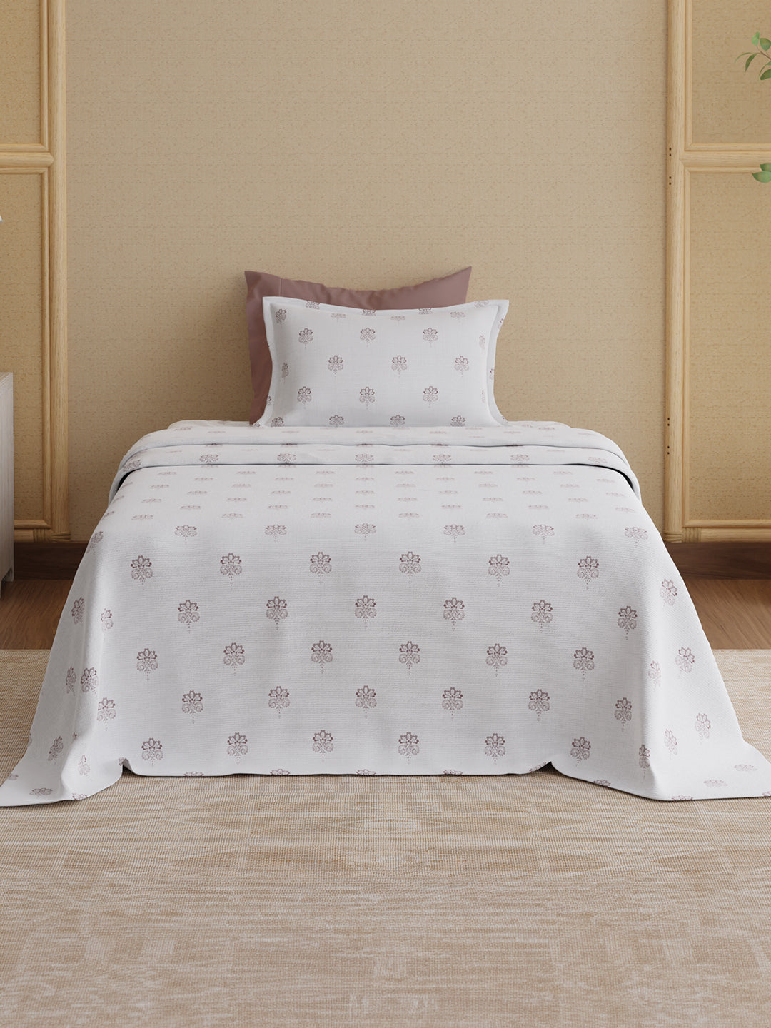 100% Kasturi Cotton 200 TC, White Printed Single Size Bedsheet with 1 Pillow Cover, Indo Musk Collection