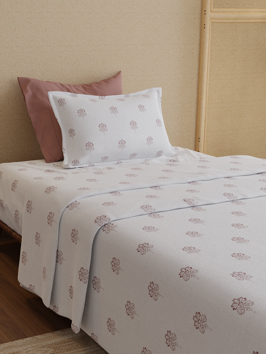 100% Kasturi Cotton 200 TC, White Printed Single Size Bedsheet with 1 Pillow Cover, Indo Musk Collection
