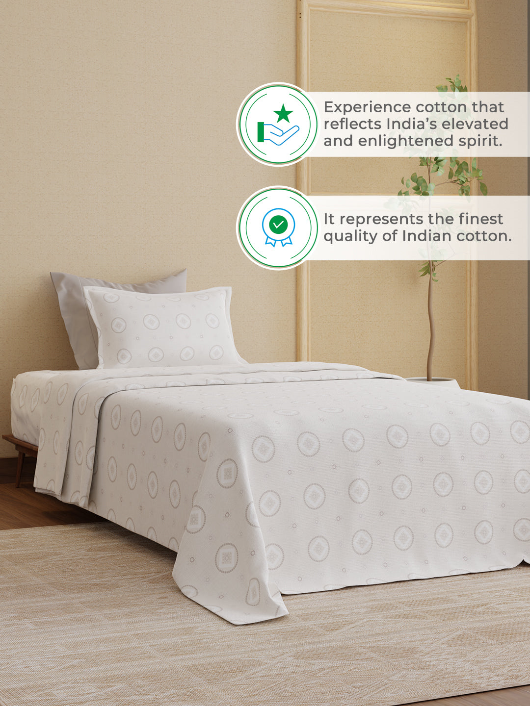 100% Kasturi Cotton 200 TC, White Printed Single Size Bedsheet with 1 Pillow Cover, Indo Musk Collection