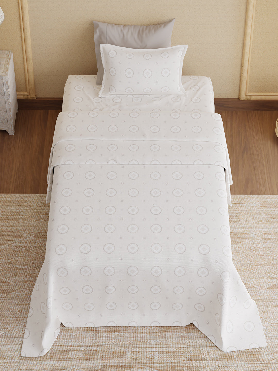 100% Kasturi Cotton 200 TC, White Printed Single Size Bedsheet with 1 Pillow Cover, Indo Musk Collection