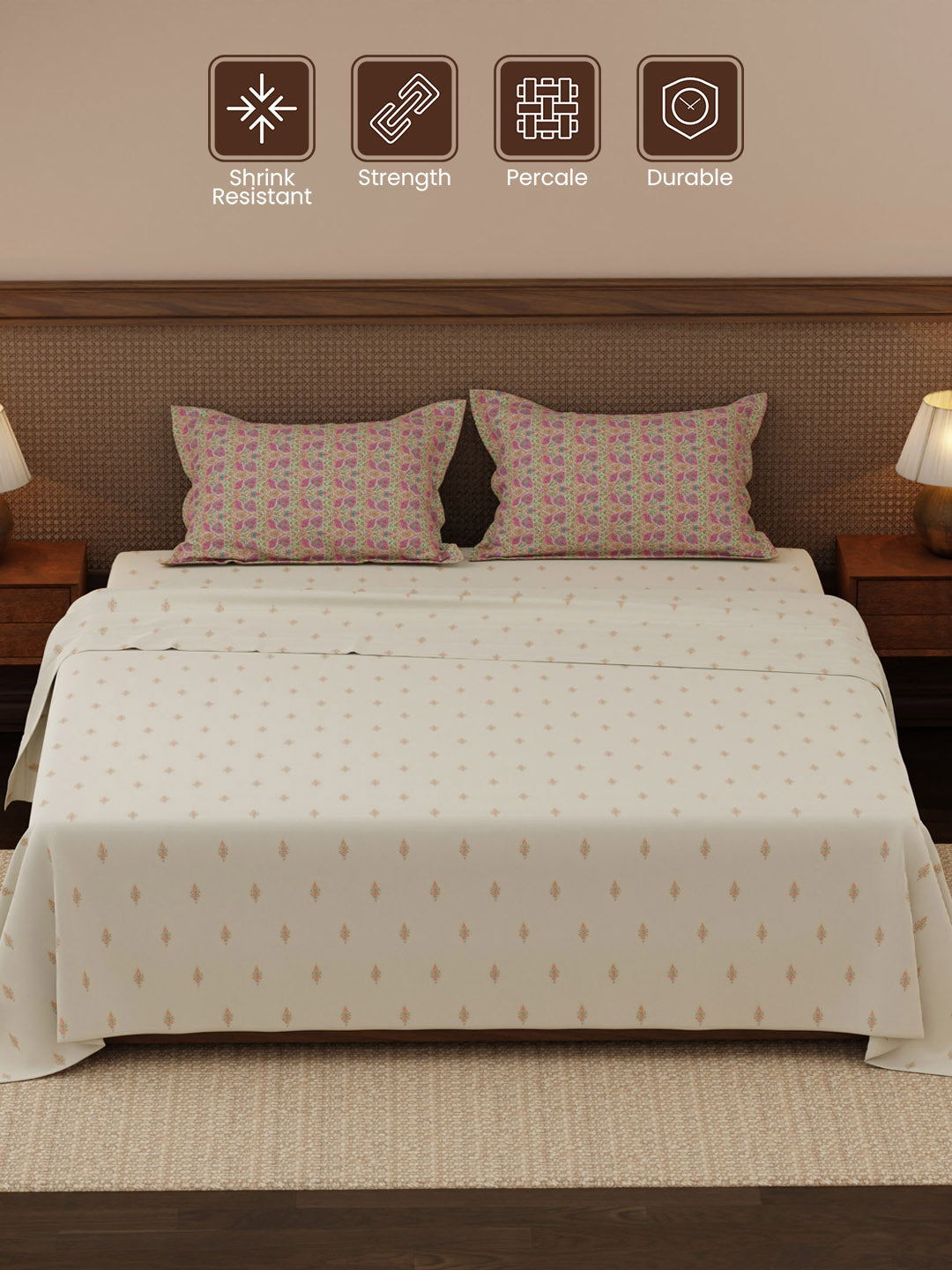100% Cotton 200 TC, Ethnic Printed King Bedsheet Set, Heritage Walk
