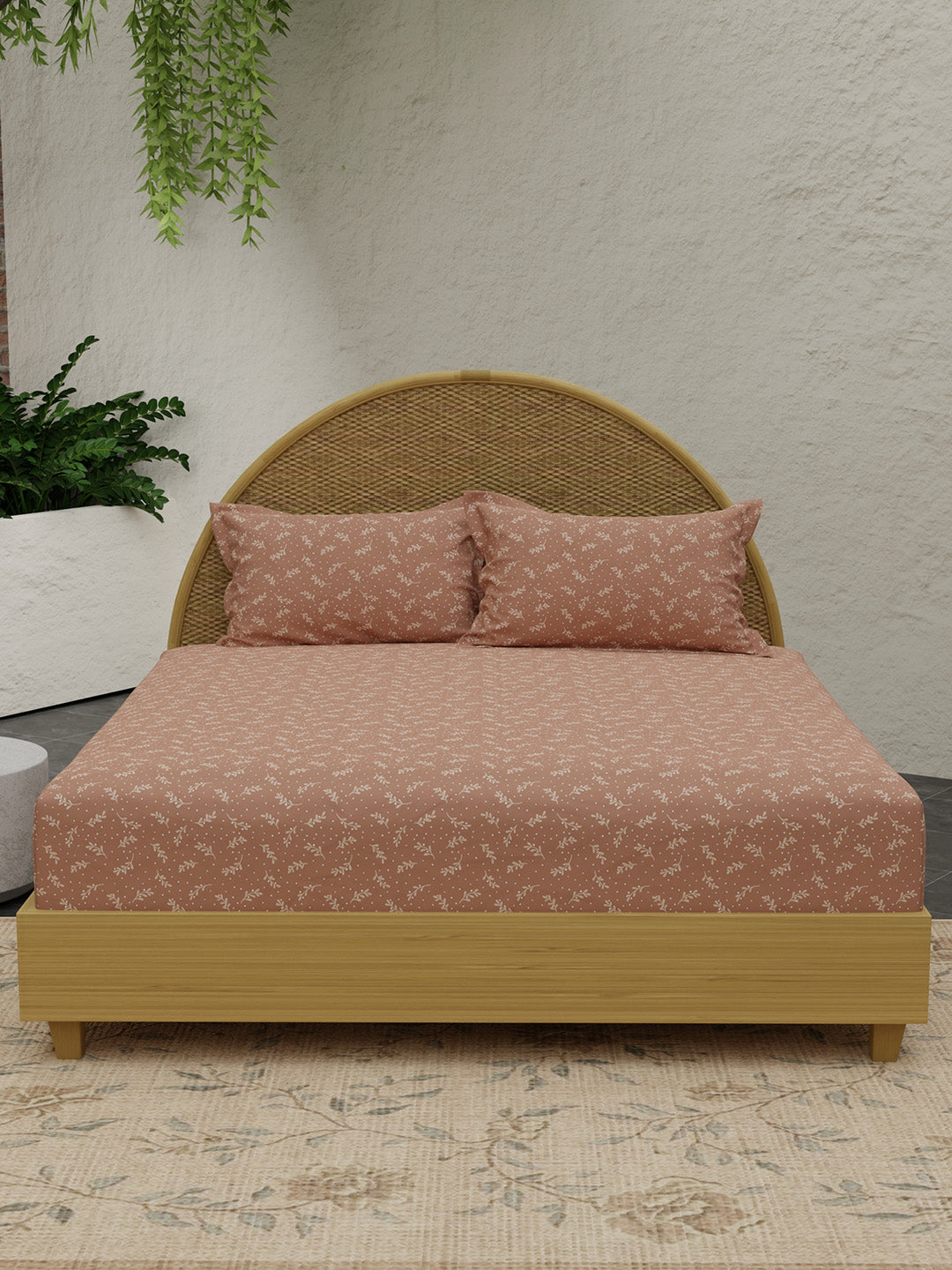 King Size Bedsheet Set with Gift Box - 100% Cotton 300 TC Light Brown Printed Sandalwood Aroma, Nature Bouquet