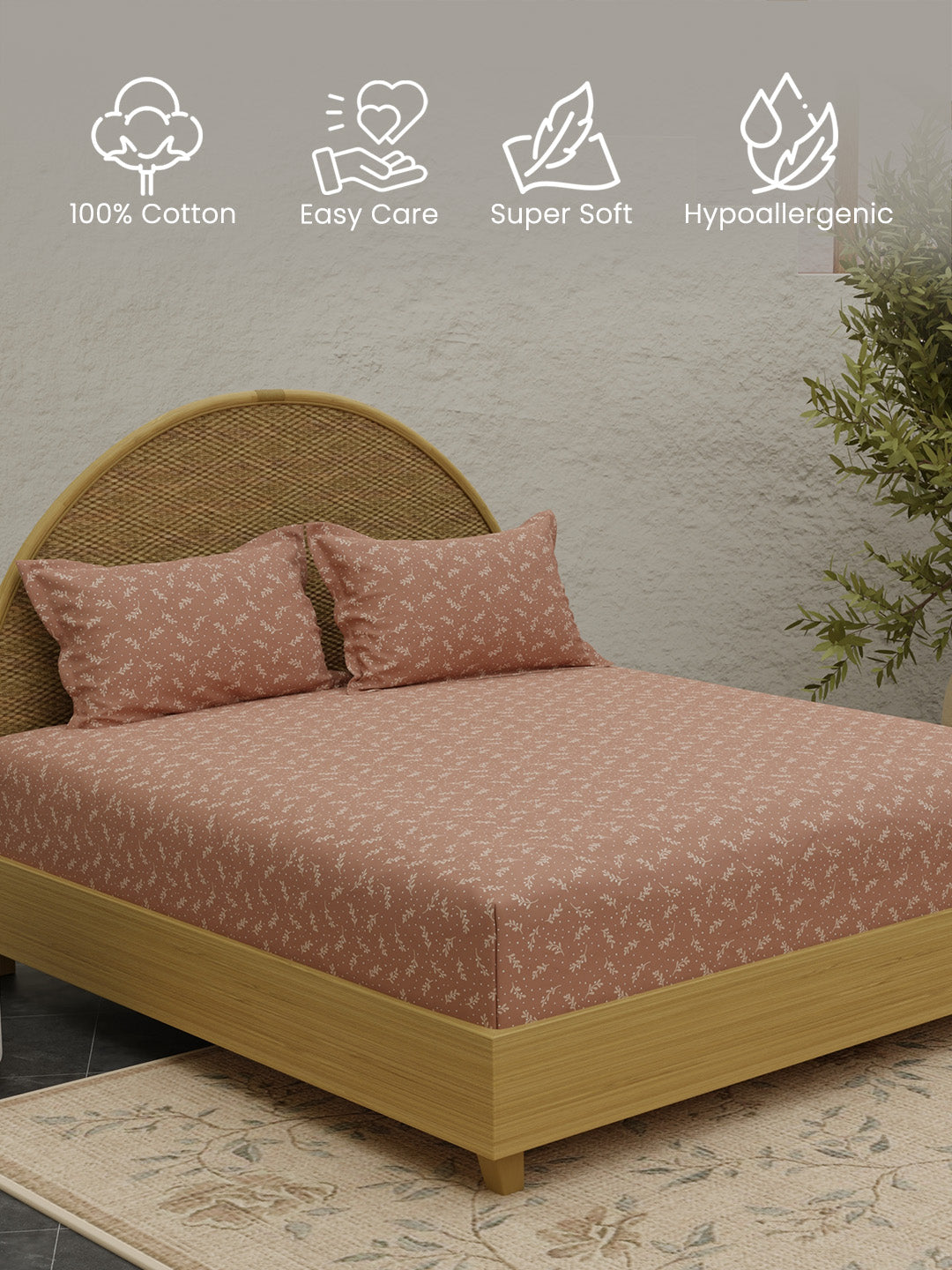 Sandalwood Aroma, 100% Cotton 300 TC, Light Brown Printed King Bedsheet with 2 Pillow Covers (Nature Bouquet Collection)