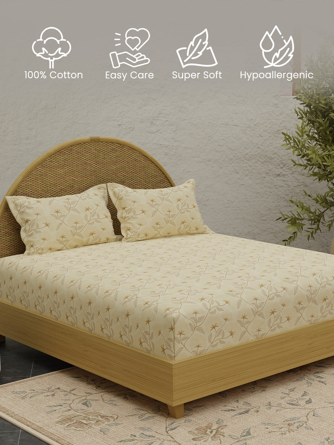 Sandalwood Aroma, 100% Cotton 300 TC, Beige Floral King Bedsheet with 2 Pillow Covers (Nature Bouquet Collection)