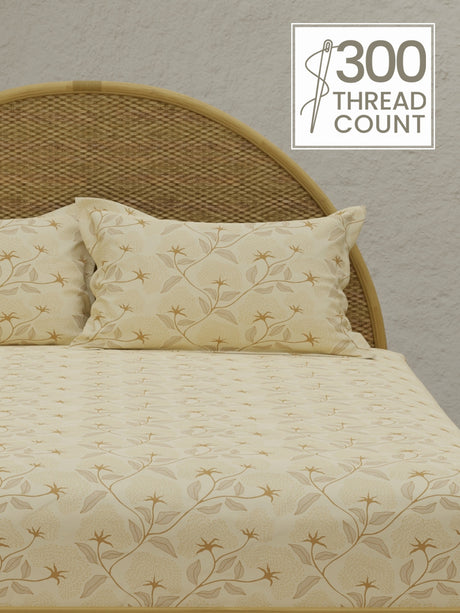 Sandalwood Aroma, 100% Cotton 300 TC, Beige Floral King Bedsheet with 2 Pillow Covers (Nature Bouquet Collection)