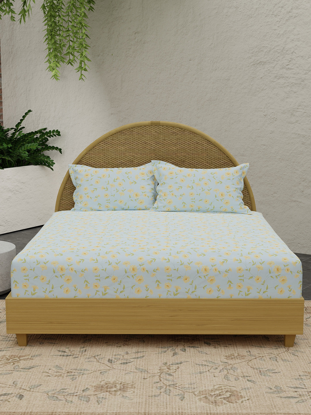 Jasmine Aroma, 100% Cotton 300 TC, Blue Floral King Bedsheet with 2 Pillow Covers (Nature Bouquet Collection)