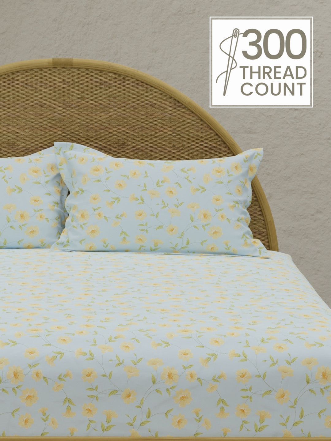 Jasmine Aroma, 100% Cotton 300 TC, Blue Floral King Bedsheet with 2 Pillow Covers (Nature Bouquet Collection)