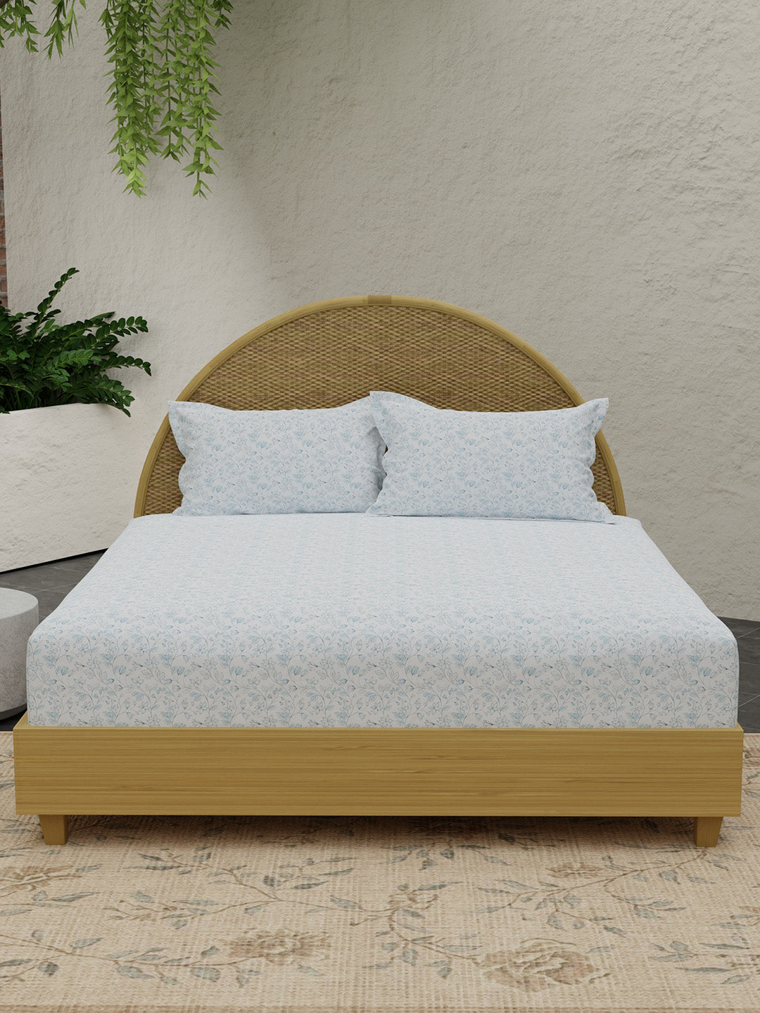 King Size Bedsheet Set with Gift Box - 100% Cotton 300 TC Blue & White Floral Jasmine Aroma, Nature Bouquet