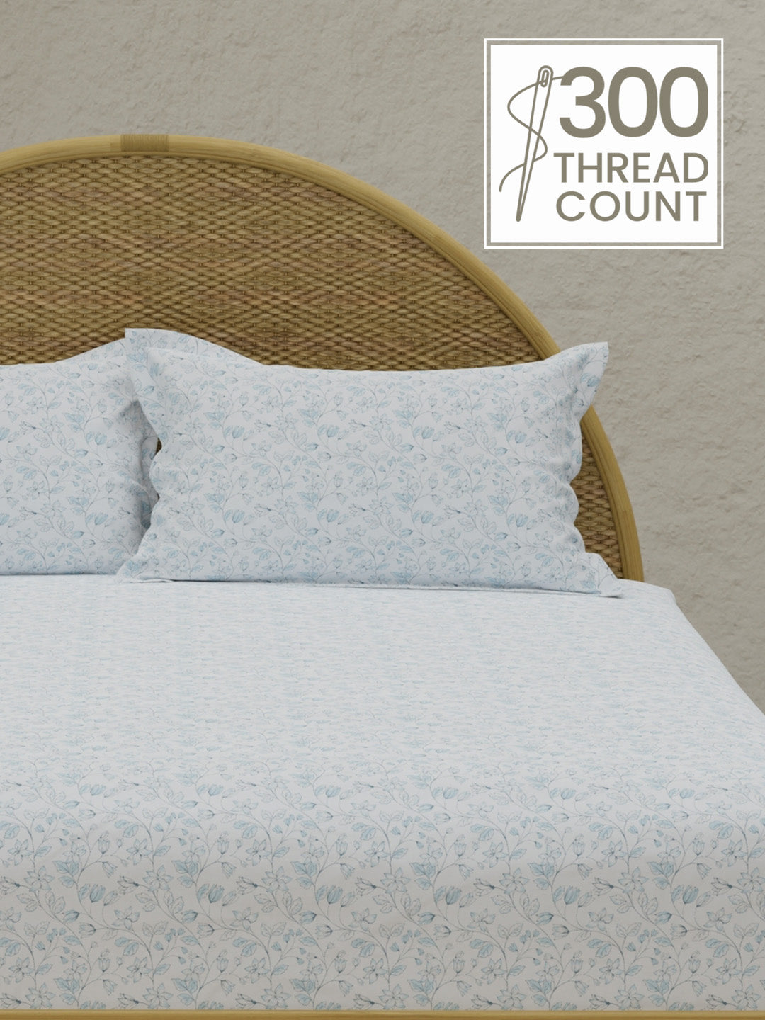 Jasmine Aroma, 100% Cotton 300 TC, Blue & White Floral King Bedsheet with 2 Pillow Covers (Nature Bouquet Collection)