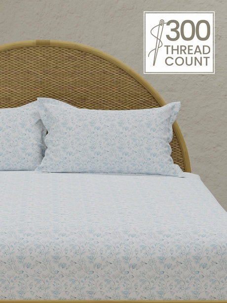 Jasmine Aroma, 100% Cotton 300 TC, Blue & White Floral King Bedsheet with 2 Pillow Covers (Nature Bouquet Collection)