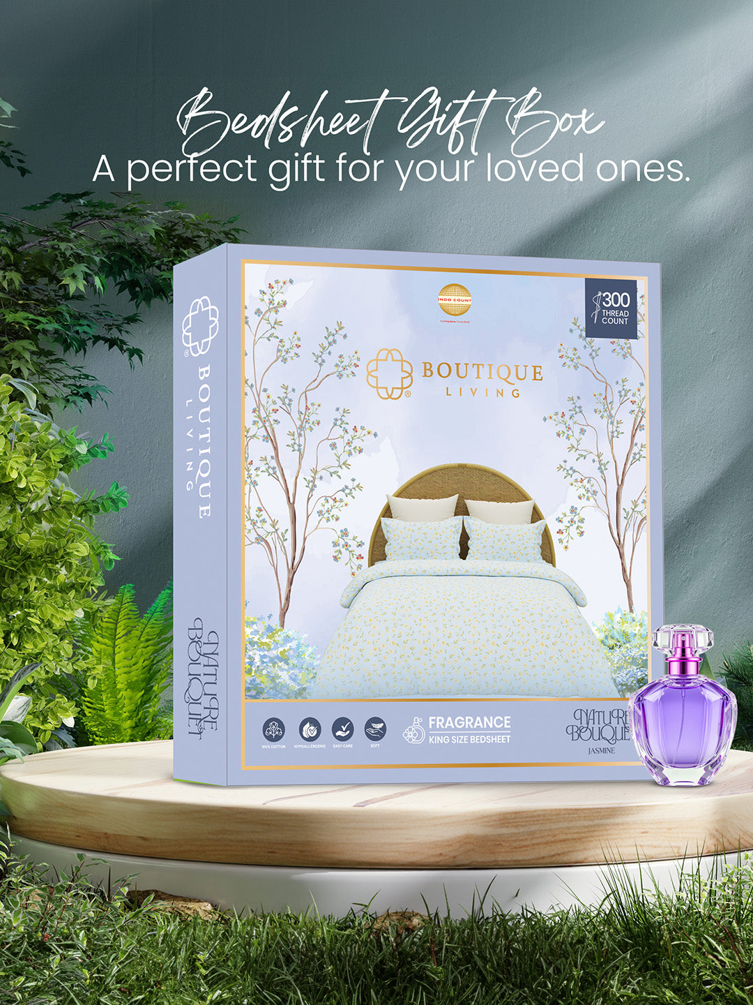 King Size Bedsheet Set with Gift Box - 100% Cotton 300 TC Blue & White Floral Jasmine Aroma, Nature Bouquet