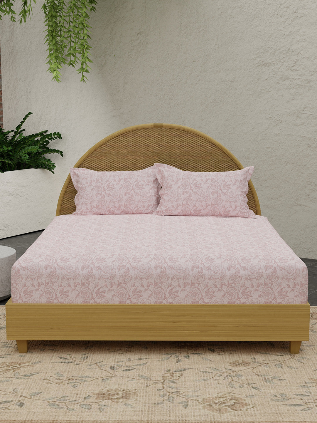 Rose Aroma, 100% Cotton 300 TC, Pink Floral King Bedsheet with 2 Pillow Covers (Nature Bouquet Collection)