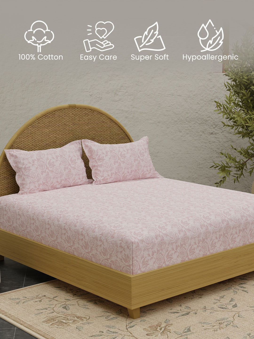 Rose Aroma, 100% Cotton 300 TC, Pink Floral King Bedsheet with 2 Pillow Covers (Nature Bouquet Collection)